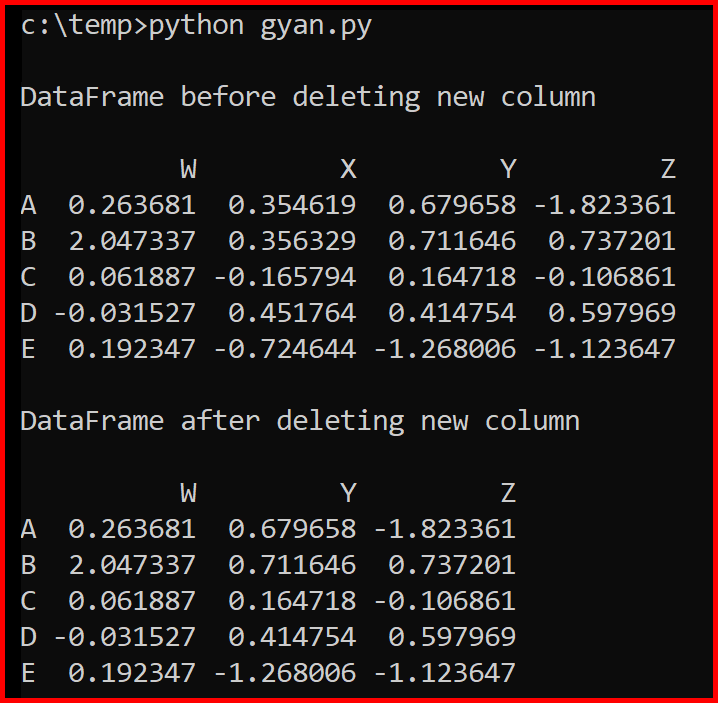 Picture showing the dataframe in pandas after the column is deleted